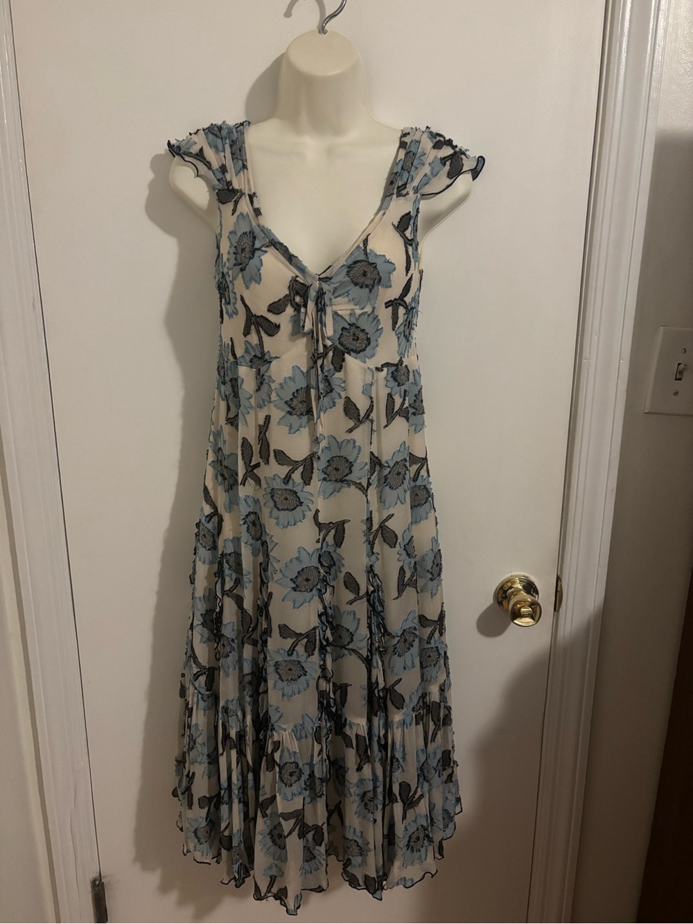 Anna Sui Cream Silk Blend Dress with Blue Floral Print Y2K, Garden Party
